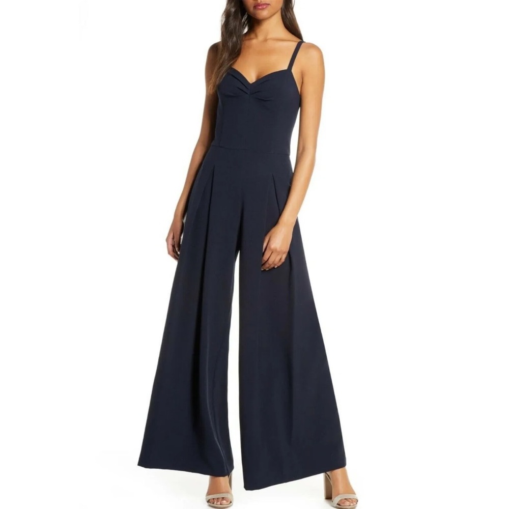 Eliza J Sweetheart Neck Pleated Wide Leg Crepe Jumpsuit Navy, size 4